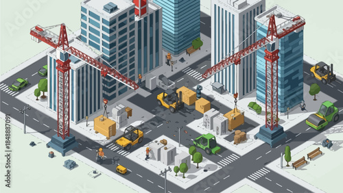 Aerial view of a city block under construction with cranes and buildings