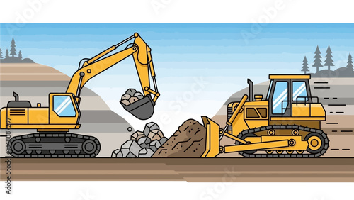 Heavy machinery operating on a construction site with excavator and bulldozer