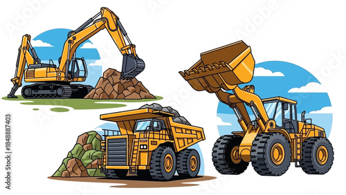 Heavy machinery vehicles operating in a construction site with excavator, dump truck, and dumper working together