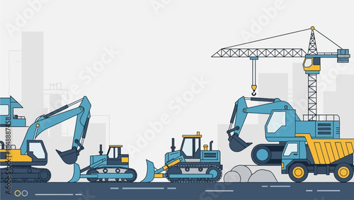 Heavy machinery in action at a construction site with cranes and excavators operating in a urban environment from a frontal viewpoint