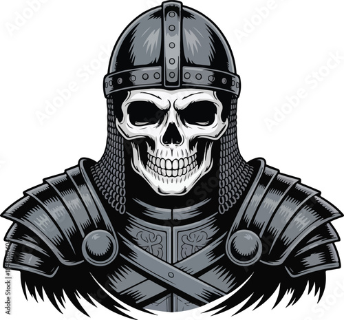 Knight Skull Vector Graphic Illustration Medieval Armor Black White Clipart Design Element
