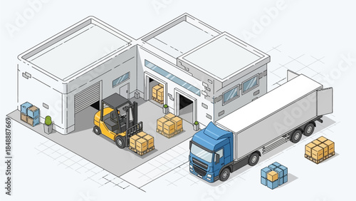 Logistics warehouse with forklift loading cargo onto a truck from a large storage facility