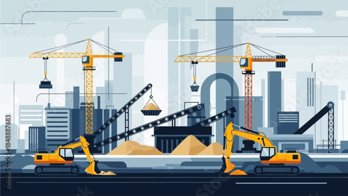 Construction site with cranes and excavators in urban landscape