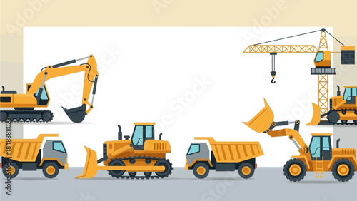 Construction site with heavy machinery and vehicles in action
