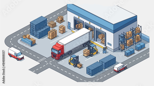 Aerial view of a warehouse facility with trucks and packages being loaded and unloaded on a road