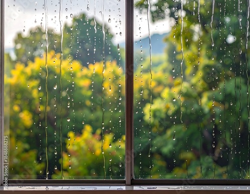 Raindrops streak across a window, blurring the vibrant green trees and distant hills outside