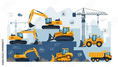 Heavy machinery vehicles illustration on construction site background with various equipment