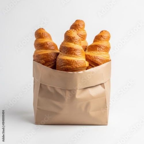 Freshly baked croissants in a paper bag isolated on white background