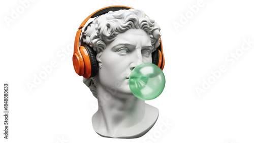 Valokuva David statue with headphones and bubble gum isolated PNG, classical sculpture wi