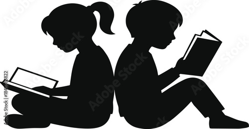 Black silhouette of little boy and girl sitting back to back reading books, children education and learning concept vector illustration.
