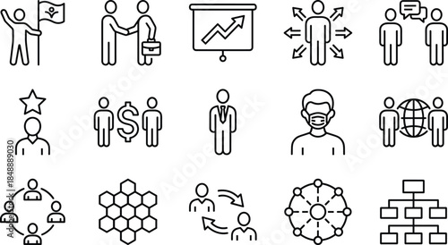 Set of black line icons for business management leadership teamwork corporate strategy global networking organizational structure and professional career growth symbols.