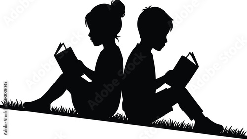 Black silhouette of little boy and girl sitting back to back on grass reading books, children education concept, vector illustration.