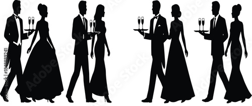 Black vector silhouettes of waiters in tuxedos serving champagne to elegant women in long evening gowns, luxury party concept.
