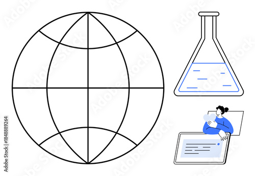 Science concept. Science with globe for connectivity, laboratory flask for research, and a woman using a tablet for digital integration. For technology, education, innovation, global research, STEM