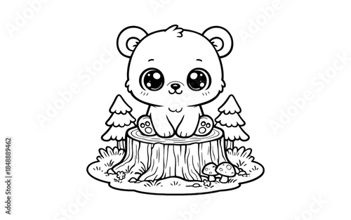 Adorable bear cub in forest cartoon with cute expression