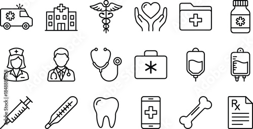 Set of black line icons for medical healthcare services featuring ambulance hospital doctor stethoscope medicine and clinical emergency equipment symbols.
