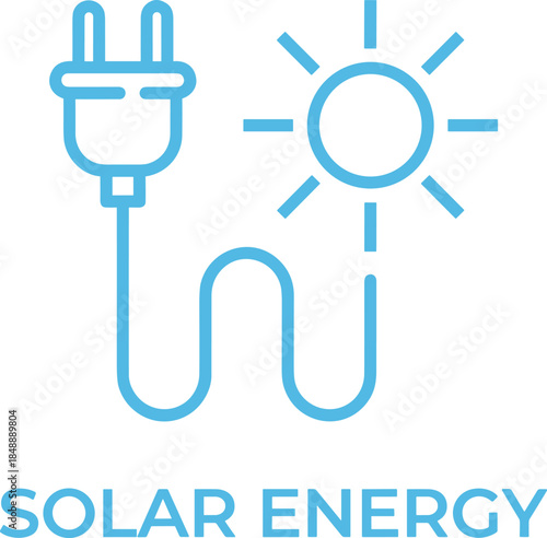 Blue line art icon of solar energy featuring a sun connected to an electric plug for renewable resource power concepts.