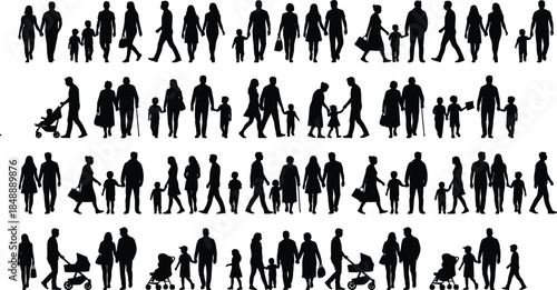 Collection of black vector silhouettes featuring families, couples, parents with children, and elderly people walking together isolated on white background.