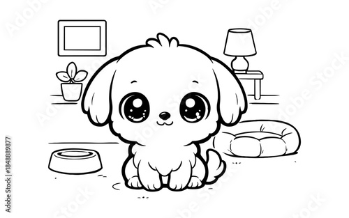 Cute puppy with big eyes in simple black and white art for coloring pages