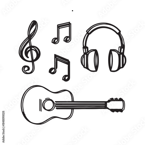 Set of musical instruments and symbols treble clef, eighth notes, headphones, and acoustic guitar, representing a love for music and sound