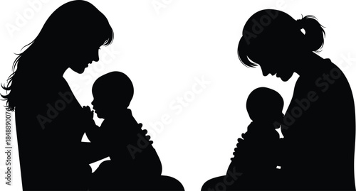 Mother holding baby silhouette illustration, maternal love and bonding concept, parenting, care, tenderness, protection, newborn affection, family connection and emotional motherhood artwork
