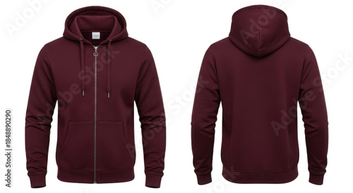 Blank Maroon Zippered Hoodie Product Shot with Front and Back Views Isolated on White Background