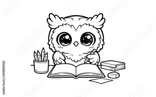 Cute cartoon owl reading a book with pencils and eraser for kids coloring