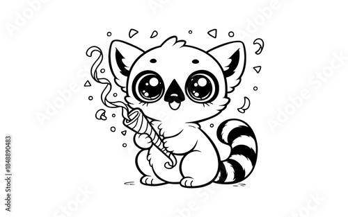 Adorable cartoon lemur with party blower and confetti in black and white