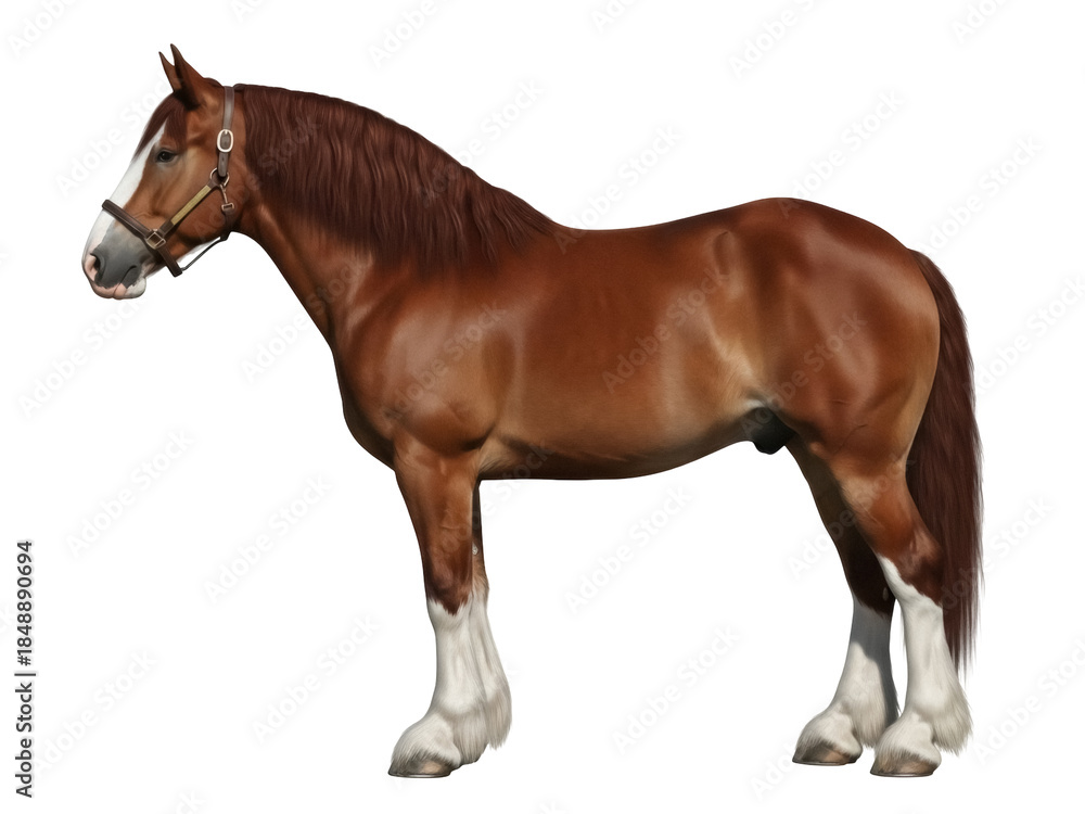 Fototapeta premium Isolated Draught horse standing in profile with a harness and white socks on no background