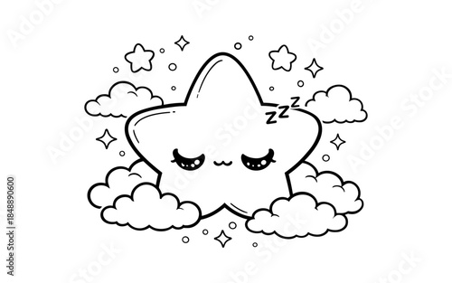 Cute dreamy star sleeping on clouds with doodle style