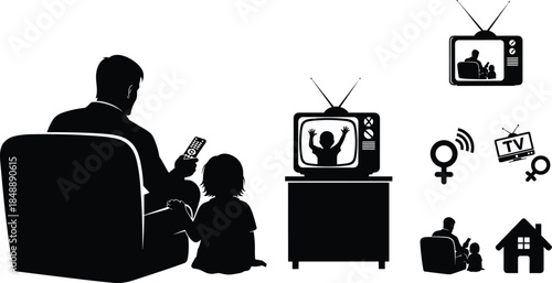 Parent and child watching television silhouette illustration, family media time concept, screen influence, parenting, communication, entertainment, technology impact and modern home lifestyle artwork