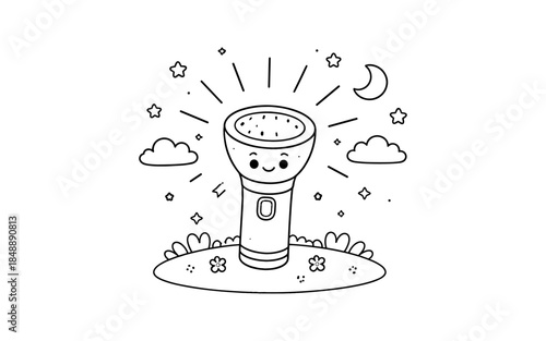 Cute flashlight cartoon with stars and moon in night sky scene