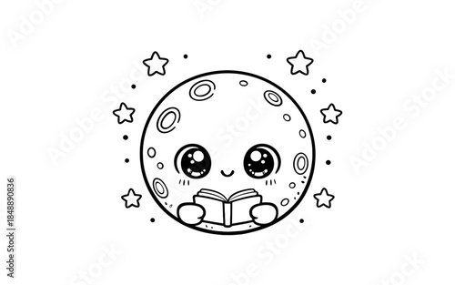 Cute lunar character reading with stars in kawaii style