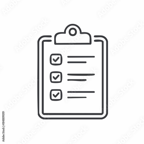 Minimalist vector outline icon depicting a clipboard with a fully checked checklist, symbolizing task completion, success, and official documentation