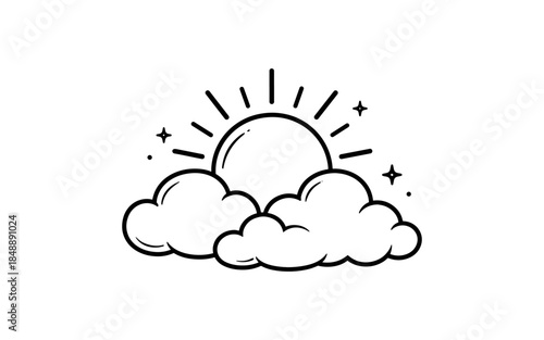 Minimalist sun rising behind clouds with stars: simple black and white design