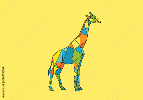 Lowpoly multicolored giraffe silhouette against a solid yellow background