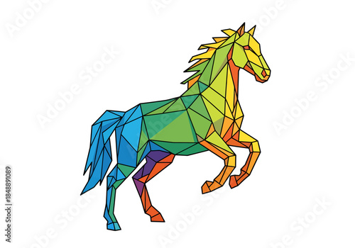 Polygons style colorful rearing horse illustration on white background