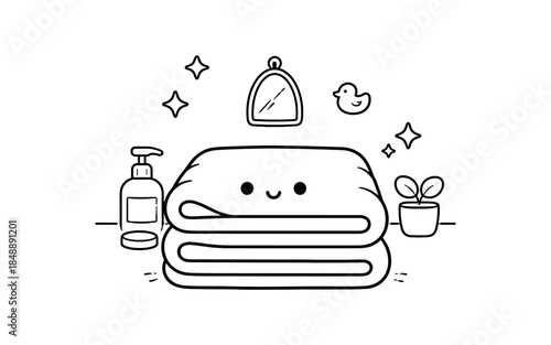 Charming minimalist bathroom scene with smiling towels and cute decor