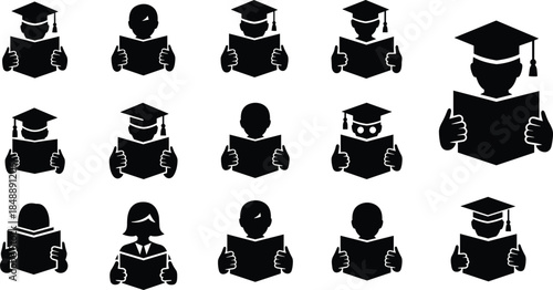 Student reading book silhouette set, education and learning concept, graduation cap icons, knowledge study symbols, academic success, literacy, school and university illustration collection