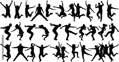 Large collection of energetic jumping people silhouettes, happy men and women dancing, active lifestyle concept vector isolated on white.