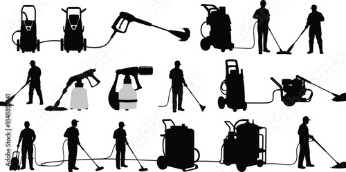 Carpet cleaning silhouette, equipment icons, professional cleaners, vacuum tools, spray nozzles, hygiene service, deep clean, maintenance, sanitation, operation, workflow