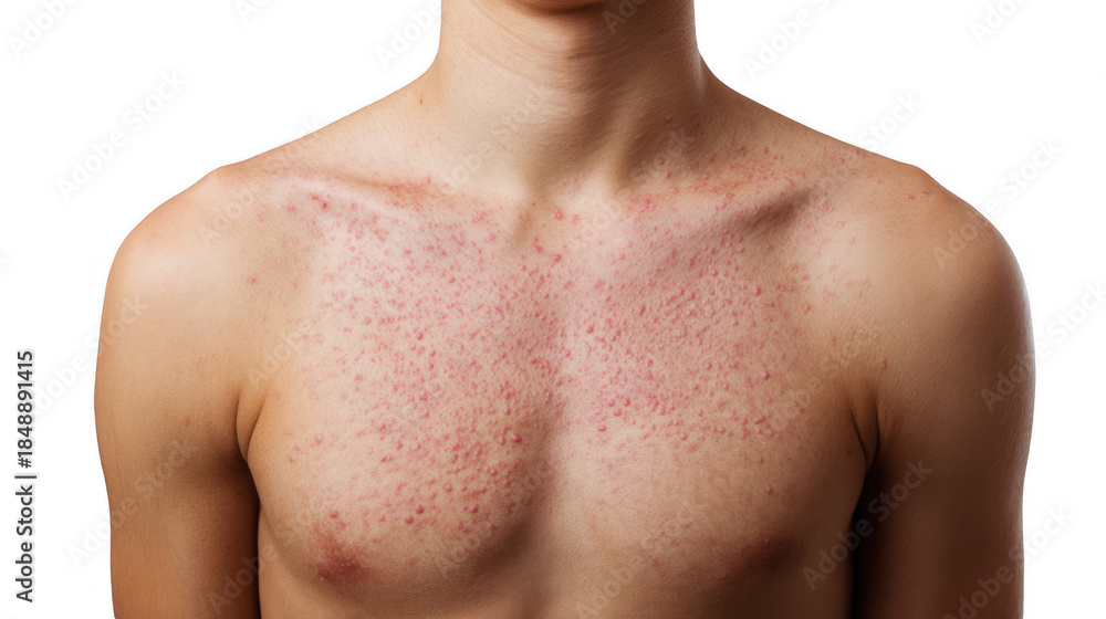 Fototapeta premium Close up of a man's chest and shoulder exhibiting a measles rash, highlighting the characteristic red spots and skin irritation against a transparent background