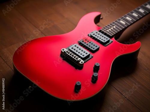 Electric guitar with a vibrant red finish and pickups, electric guitar,   amplified