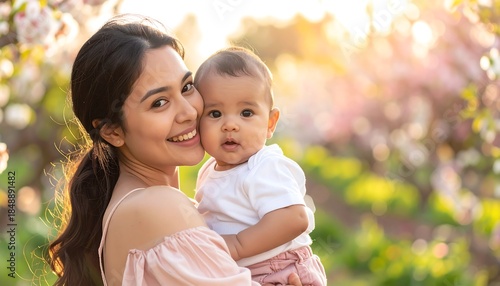 Radiant woman holding a baby, bathed in golden sunlight amidst blooming trees, creating a heartwarming scene