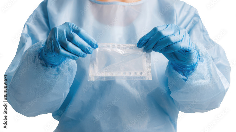 Fototapeta premium Scientist wearing a protective suit and gloves holds a sealed plastic bag containing a small amount of blue liquid, against a transparent background