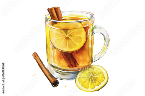 watercolor lemon tea with cinnamon sticks clip art preview