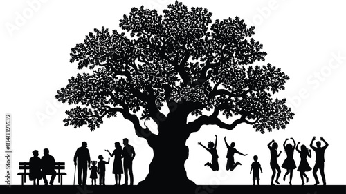 Large oak tree silhouette in park with elderly couple on bench, walking families, and happy young people dancing and jumping.
