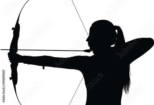 Female archer silhouette aiming bow and arrow, archery sport concept, strength focus, target practice, minimal isolated background, studio contrast, profile