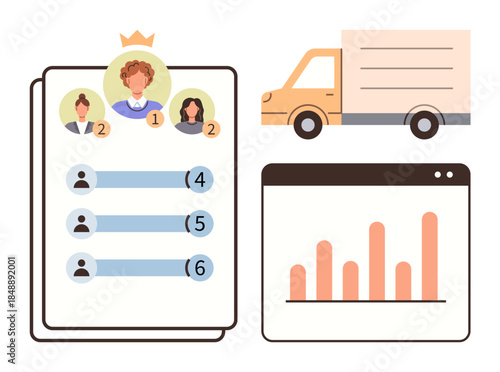 Team leaderboard with ranked profiles, statistical bar chart, and a delivery truck. Ideal for performance analytics, logistics, efficiency, competition, teamwork, progress tracking simple flat