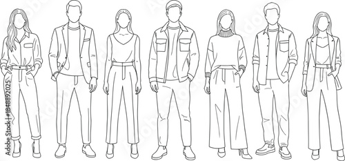 Modern people outline vector illustration, stylish men and women standing poses, casual fashion characters collection, minimal line art design